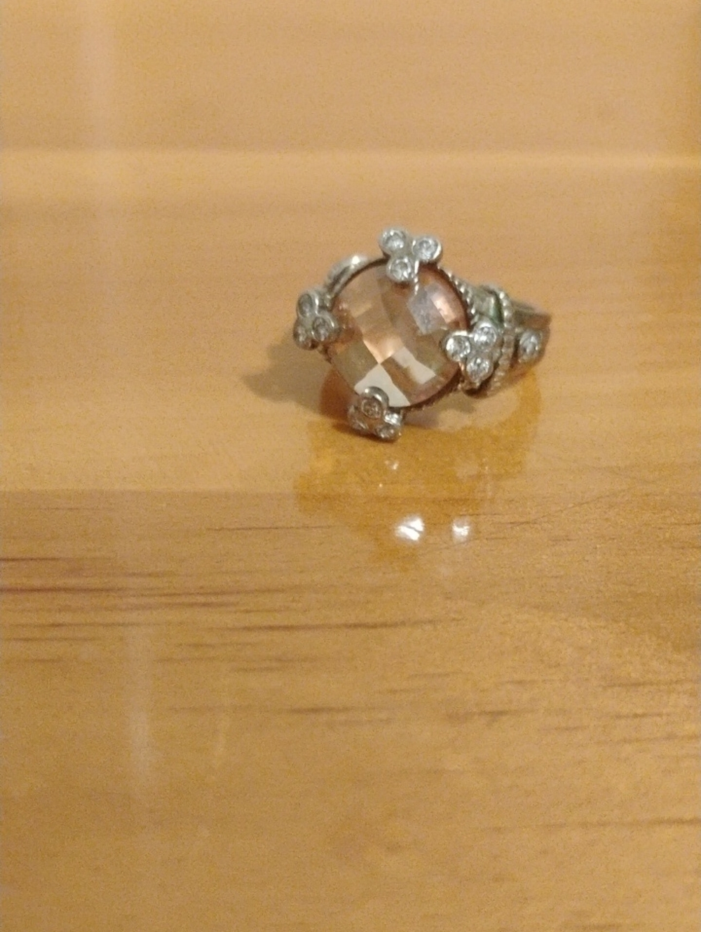 Silver Floral Pink Crystal Statement Ring